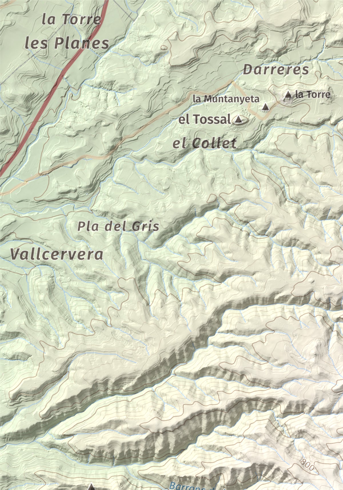 Mapa de relieve del Cogulló de Cabra, 881 m, Alt Camp, lámina 100 Cims de Trobart. Detalle de la zona superior izquierda. 21 × 30 cm.