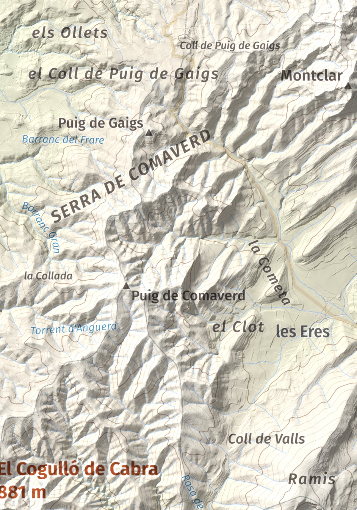 Mapa de relieve del Cogulló de Cabra, 881 m, Alt Camp, lámina 100 Cims de Trobart. Detalle de la zona superior derecha. 21 × 30 cm.