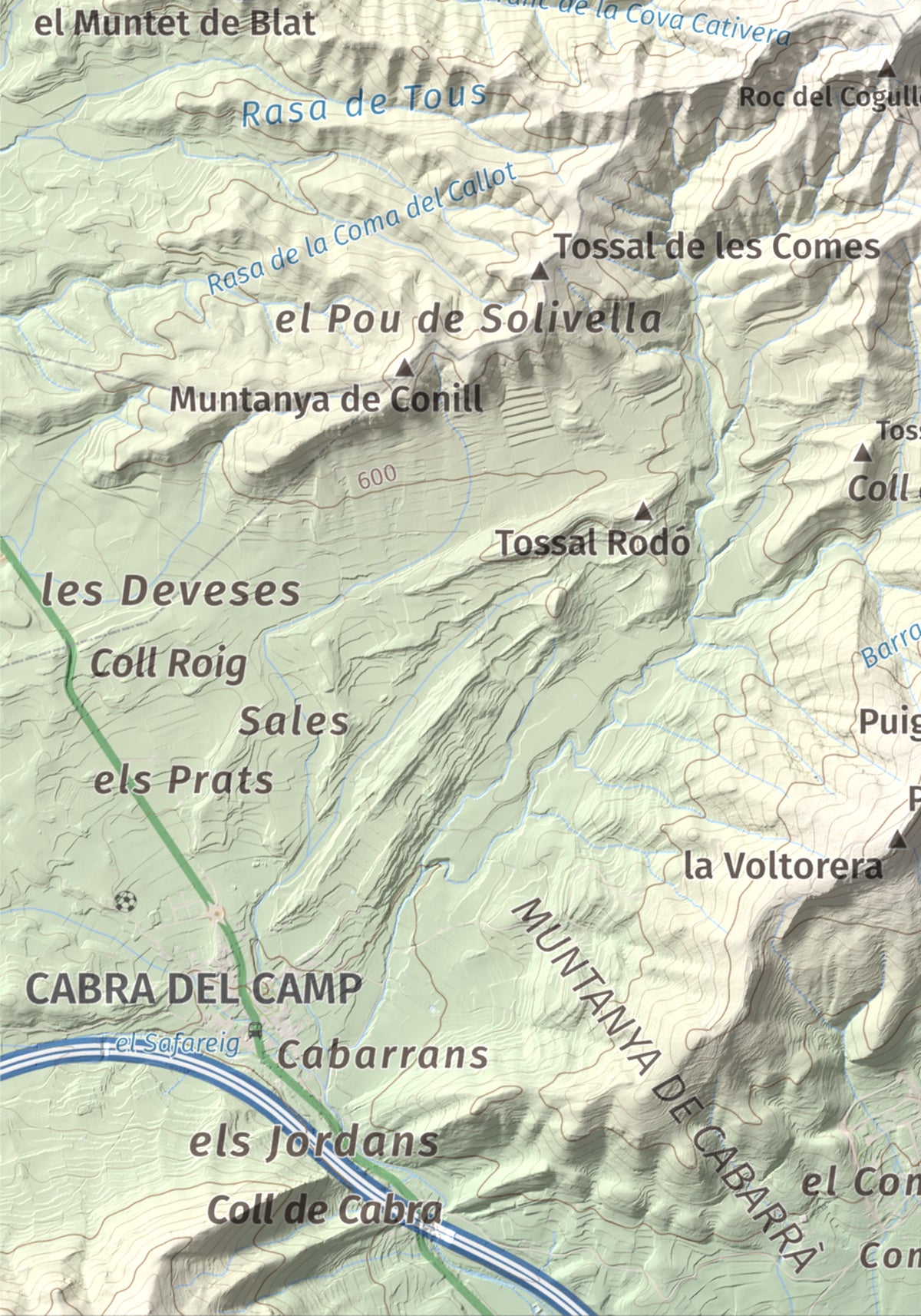 Mapa de relieve del Cogulló de Cabra, 881 m, Alt Camp, lámina 100 Cims de Trobart. Detalle de la zona inferior izquierda. 21 × 30 cm.