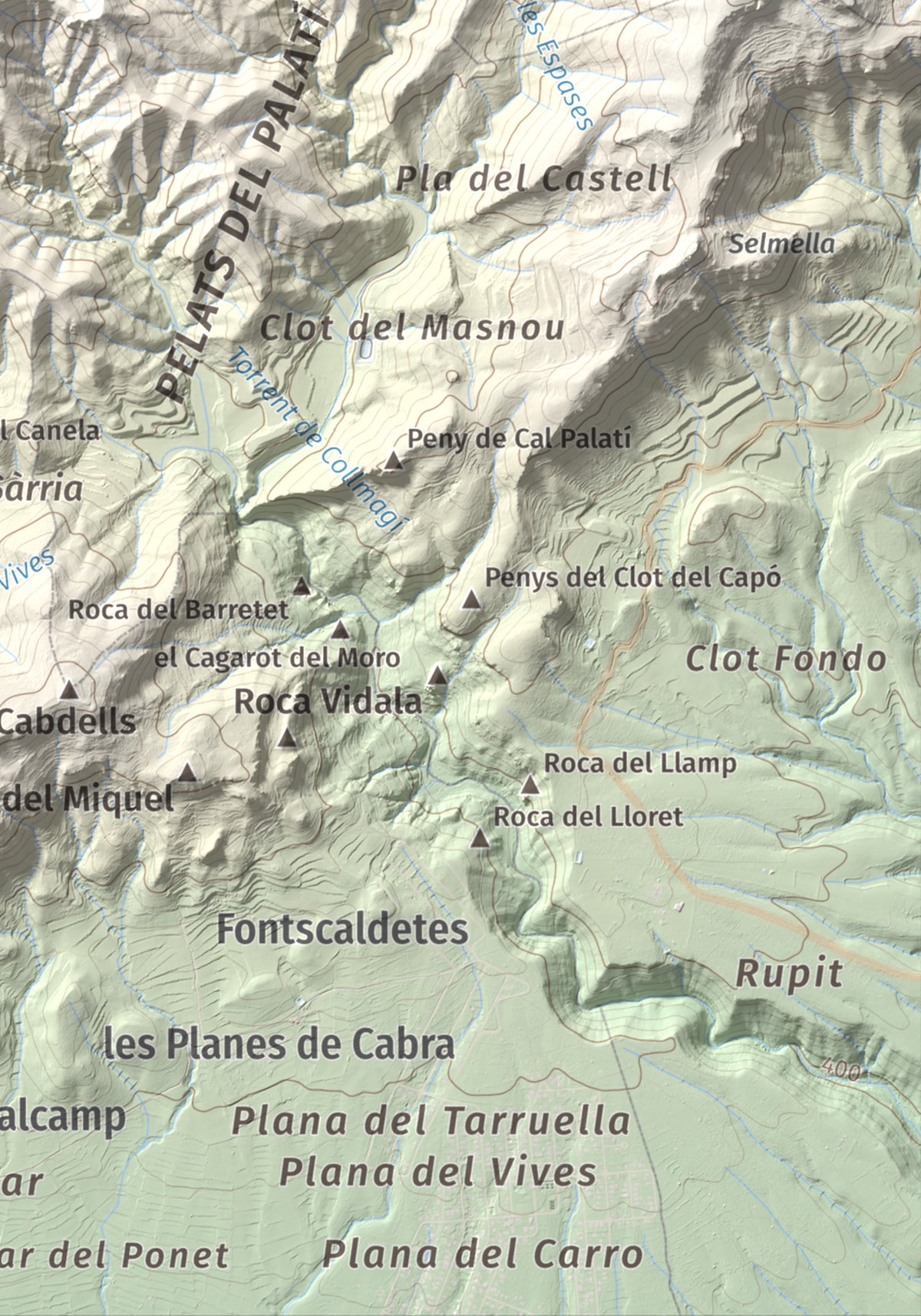 Mapa de relieve del Cogulló de Cabra, 881 m, Alt Camp, lámina 100 Cims de Trobart. Detalle de la zona inferior derecha. 21 × 30 cm.