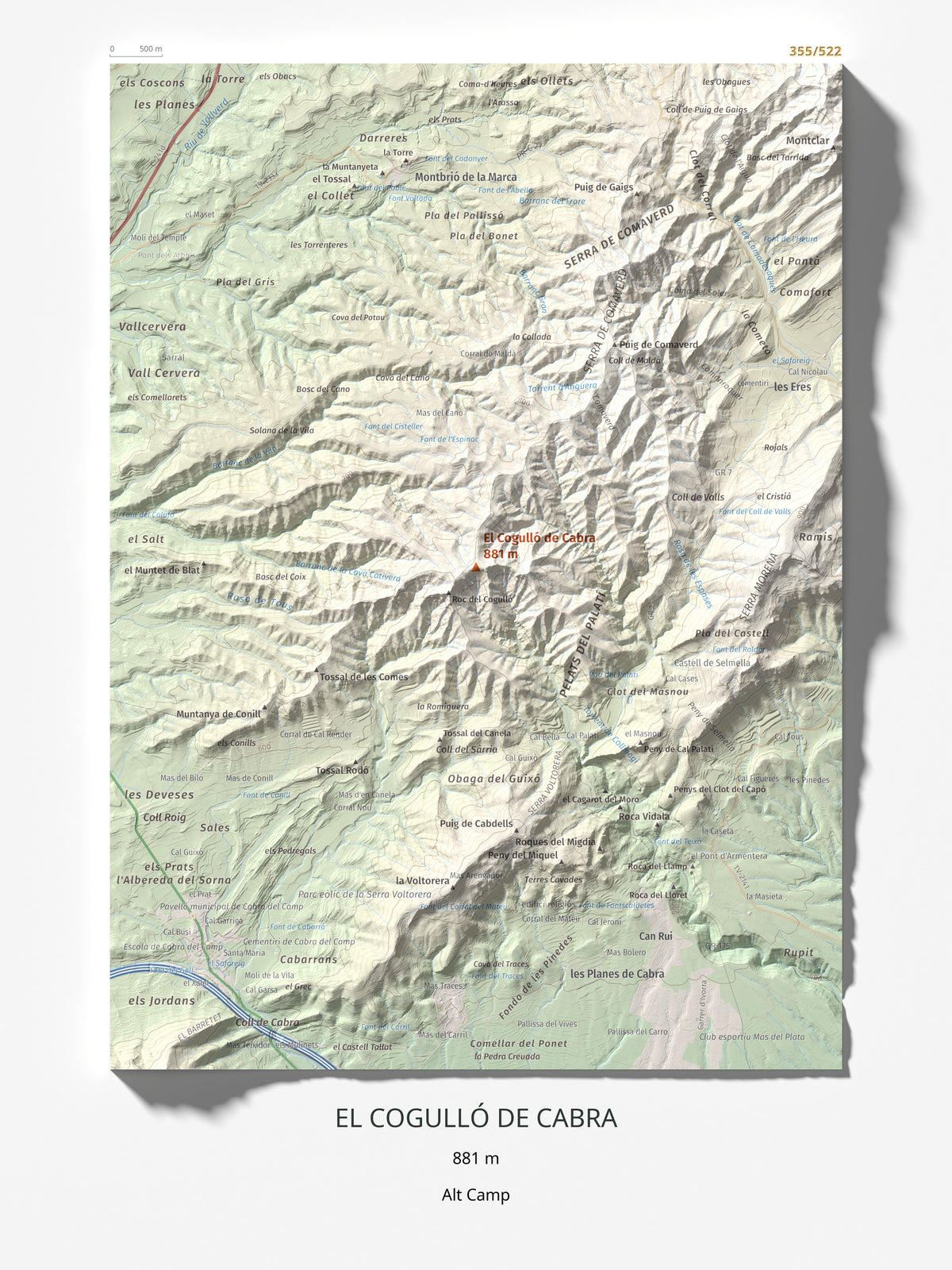 Mapa de relieve del Cogulló de Cabra, 881 m, Alt Camp, lámina 100 Cims de Trobart 30 × 40 cm.