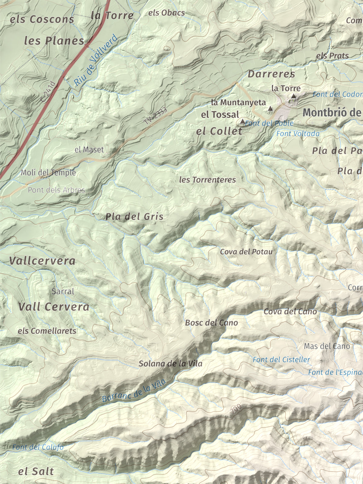 Mapa de relieve del Cogulló de Cabra, 881 m, Alt Camp, lámina 100 Cims de Trobart. Detalle de la zona superior izquierda. 30 × 40 cm.