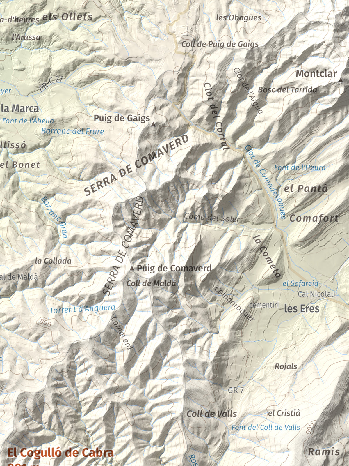 Mapa de relieve del Cogulló de Cabra, 881 m, Alt Camp, lámina 100 Cims de Trobart. Detalle de la zona superior derecha. 30 × 40 cm.