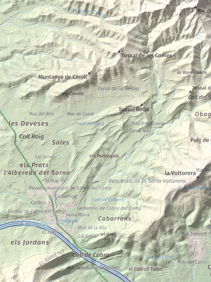 Mapa de relieve del Cogulló de Cabra, 881 m, Alt Camp, lámina 100 Cims de Trobart. Detalle de la zona inferior izquierda. 30 × 40 cm.