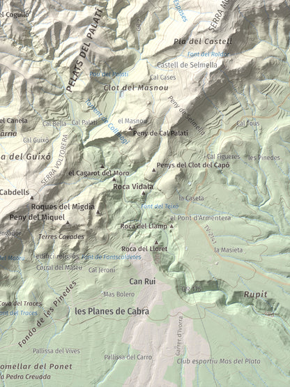 Mapa de relieve del Cogulló de Cabra, 881 m, Alt Camp, lámina 100 Cims de Trobart. Detalle de la zona inferior derecha. 30 × 40 cm.