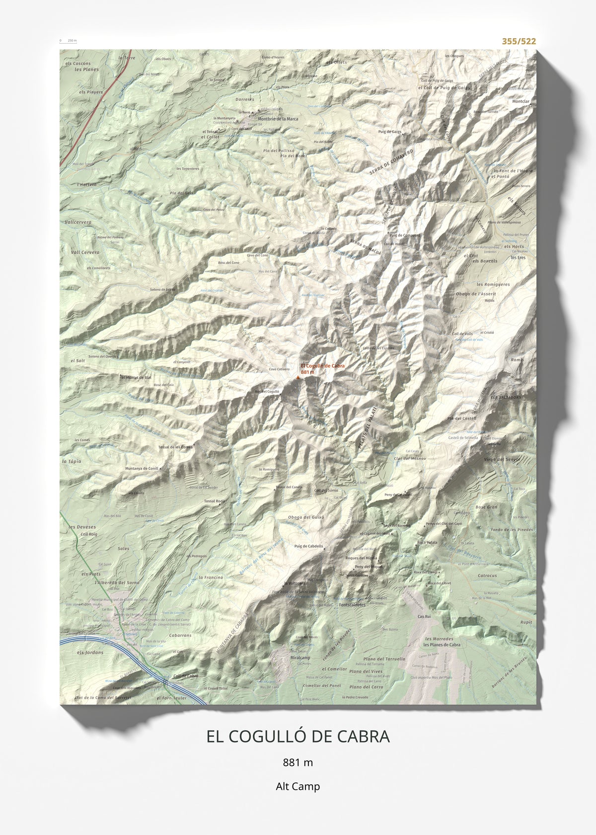 Mapa de relieve del Cogulló de Cabra, 881 m, Alt Camp, lámina 100 Cims de Trobart 50 × 70 cm.