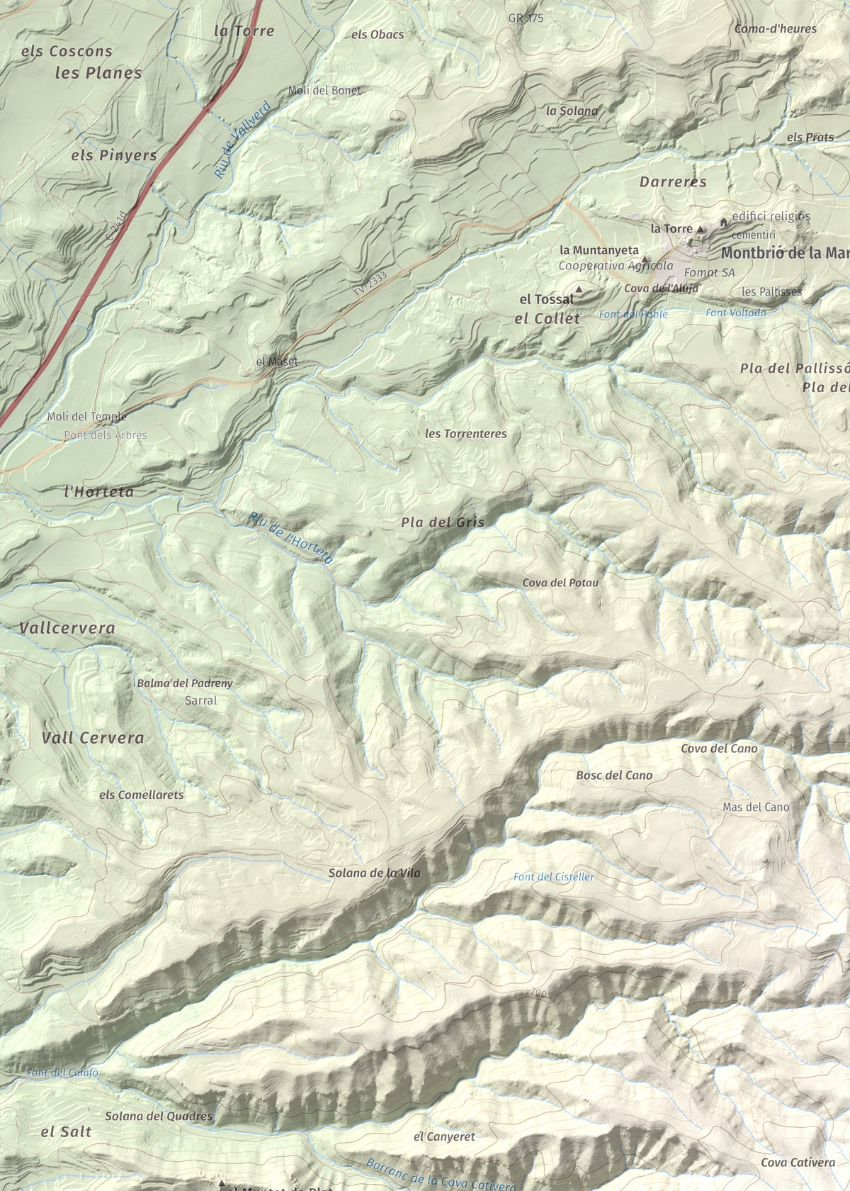 Mapa de relieve del Cogulló de Cabra, 881 m, Alt Camp, lámina 100 Cims de Trobart. Detalle de la zona superior izquierda. 50 × 70 cm.