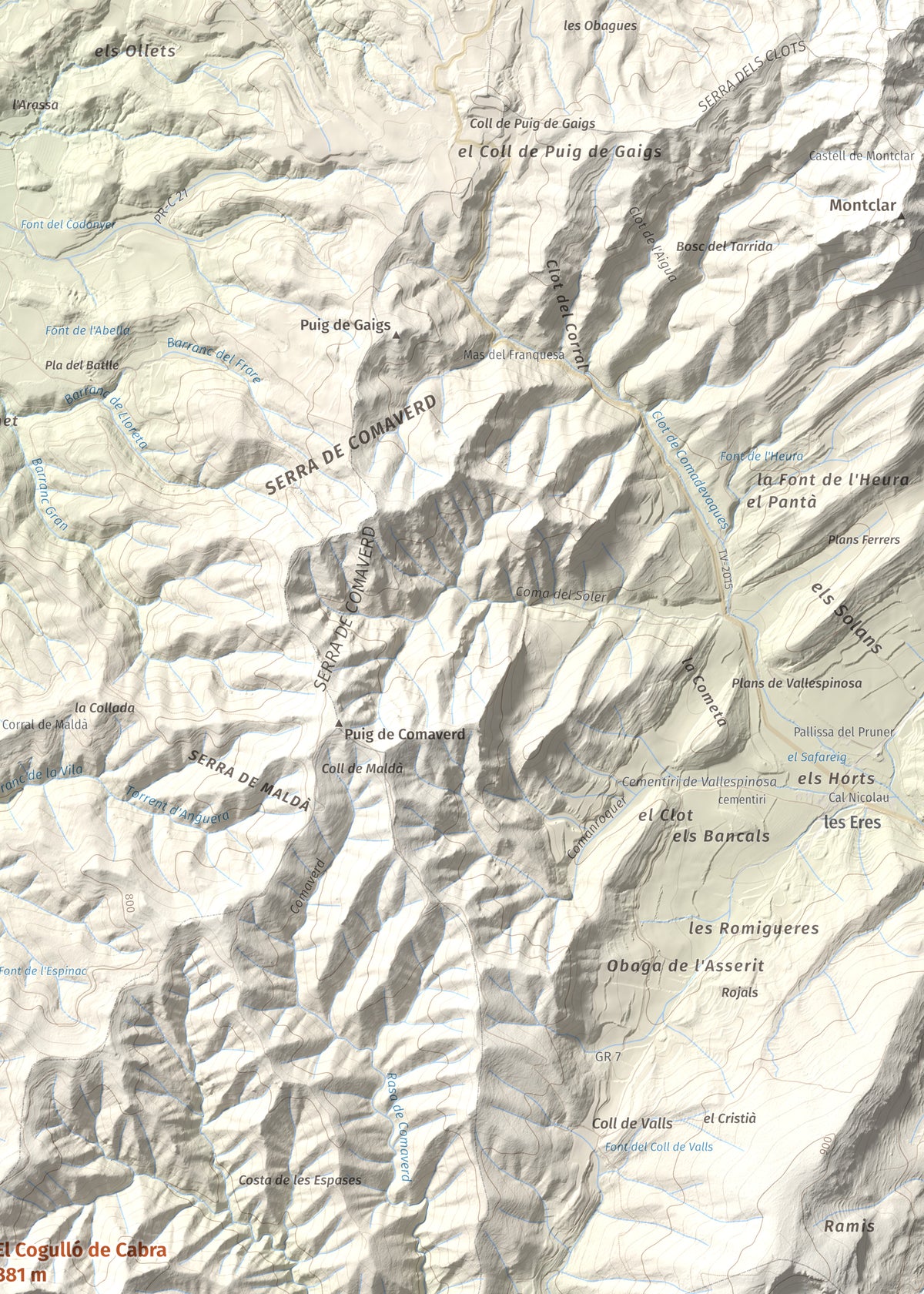 Mapa de relieve del Cogulló de Cabra, 881 m, Alt Camp, lámina 100 Cims de Trobart. Detalle de la zona superior derecha. 50 × 70 cm.