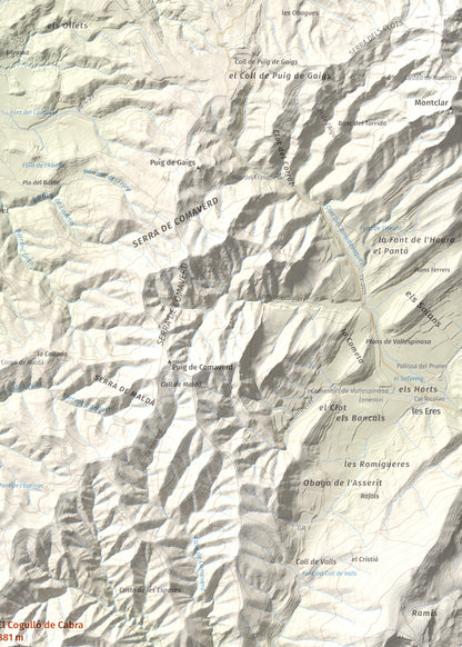 Mapa de relieve del Cogulló de Cabra, 881 m, Alt Camp, lámina 100 Cims de Trobart. Detalle de la zona superior derecha. 50 × 70 cm.