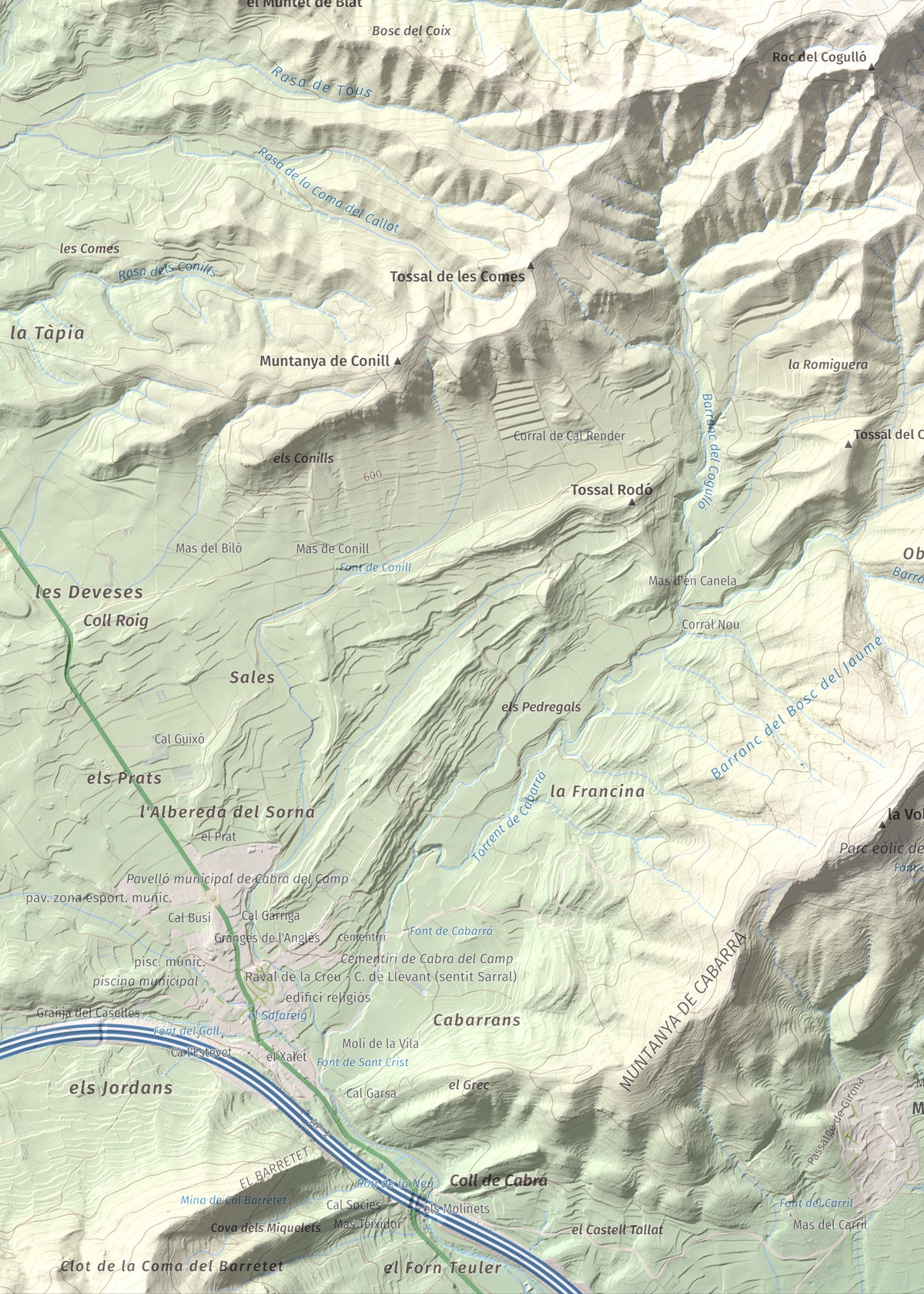 Mapa de relieve del Cogulló de Cabra, 881 m, Alt Camp, lámina 100 Cims de Trobart. Detalle de la zona inferior izquierda. 50 × 70 cm.