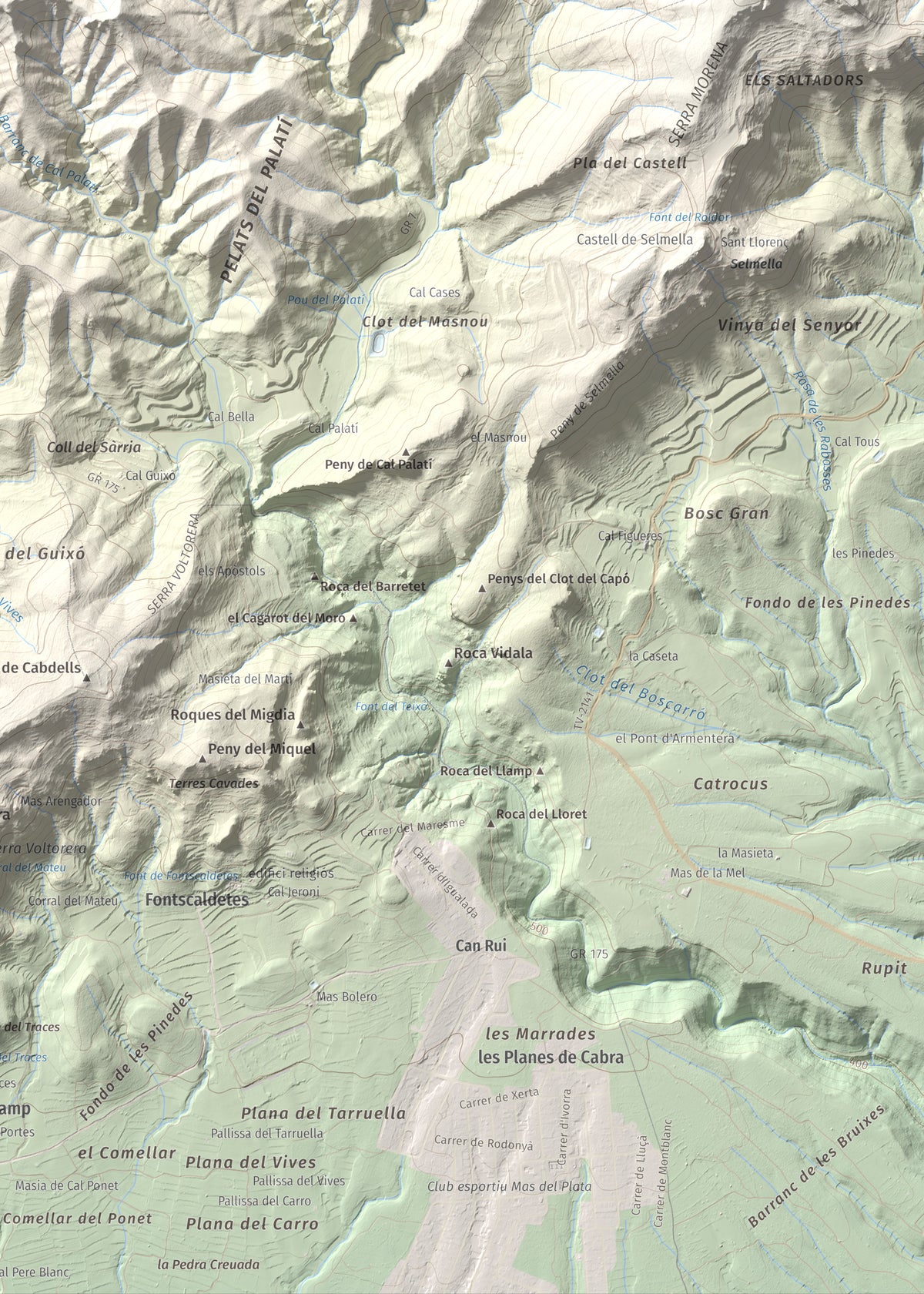Mapa de relieve del Cogulló de Cabra, 881 m, Alt Camp, lámina 100 Cims de Trobart. Detalle de la zona inferior derecha. 50 × 70 cm.