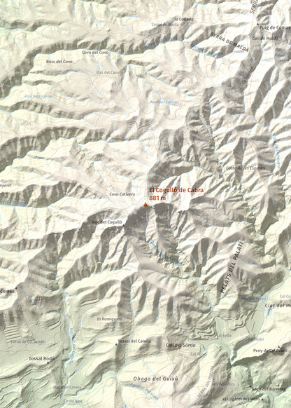 Mapa de relieve del Cogulló de Cabra, 881 m, Alt Camp, lámina 100 Cims de Trobart. Detalle de la zona central. 50 × 70 cm.