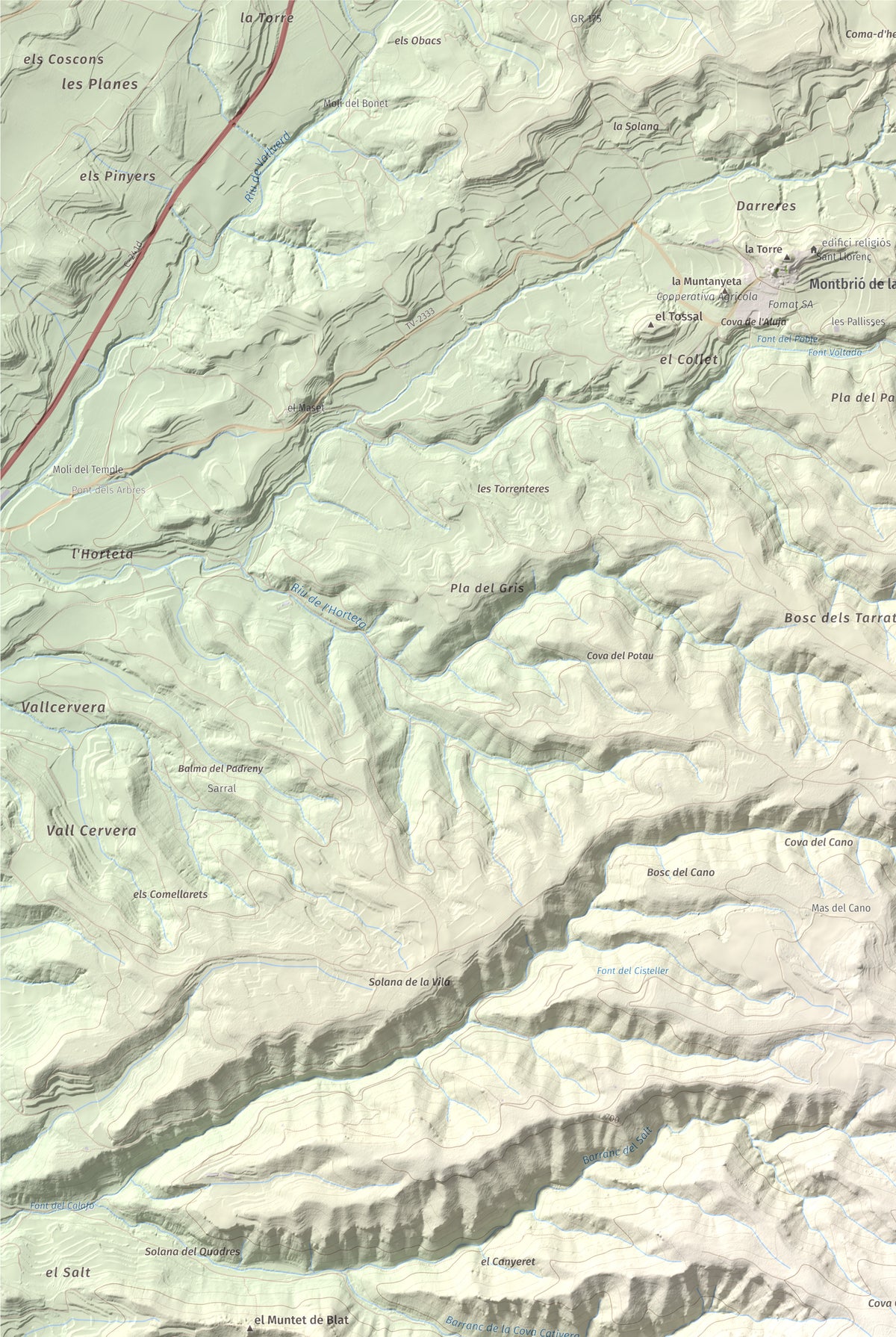 Mapa de relieve del Cogulló de Cabra, 881 m, Alt Camp, lámina 100 Cims de Trobart. Detalle de la zona superior izquierda. 61 × 91 cm.