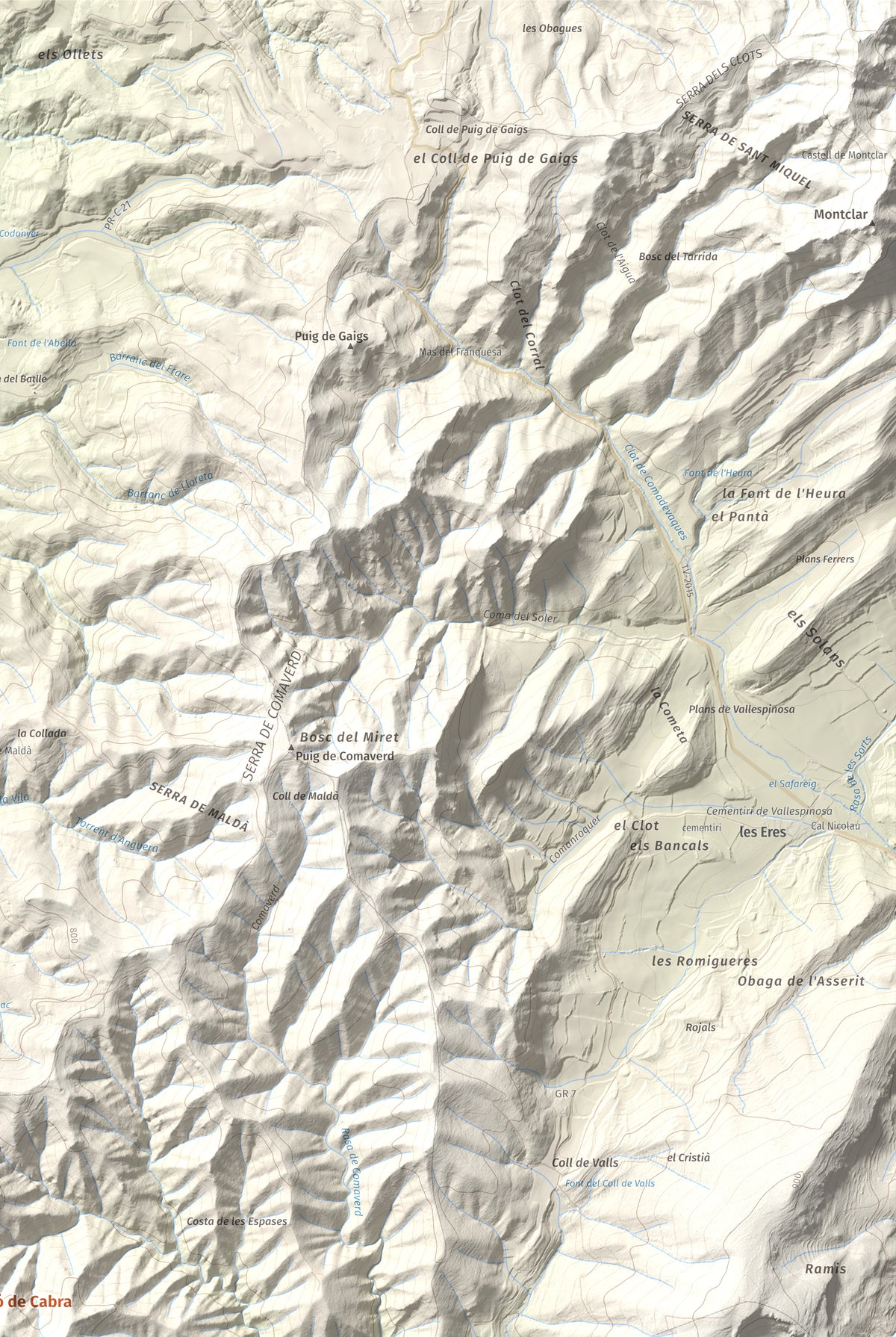 Mapa de relieve del Cogulló de Cabra, 881 m, Alt Camp, lámina 100 Cims de Trobart. Detalle de la zona superior derecha. 61 × 91 cm.