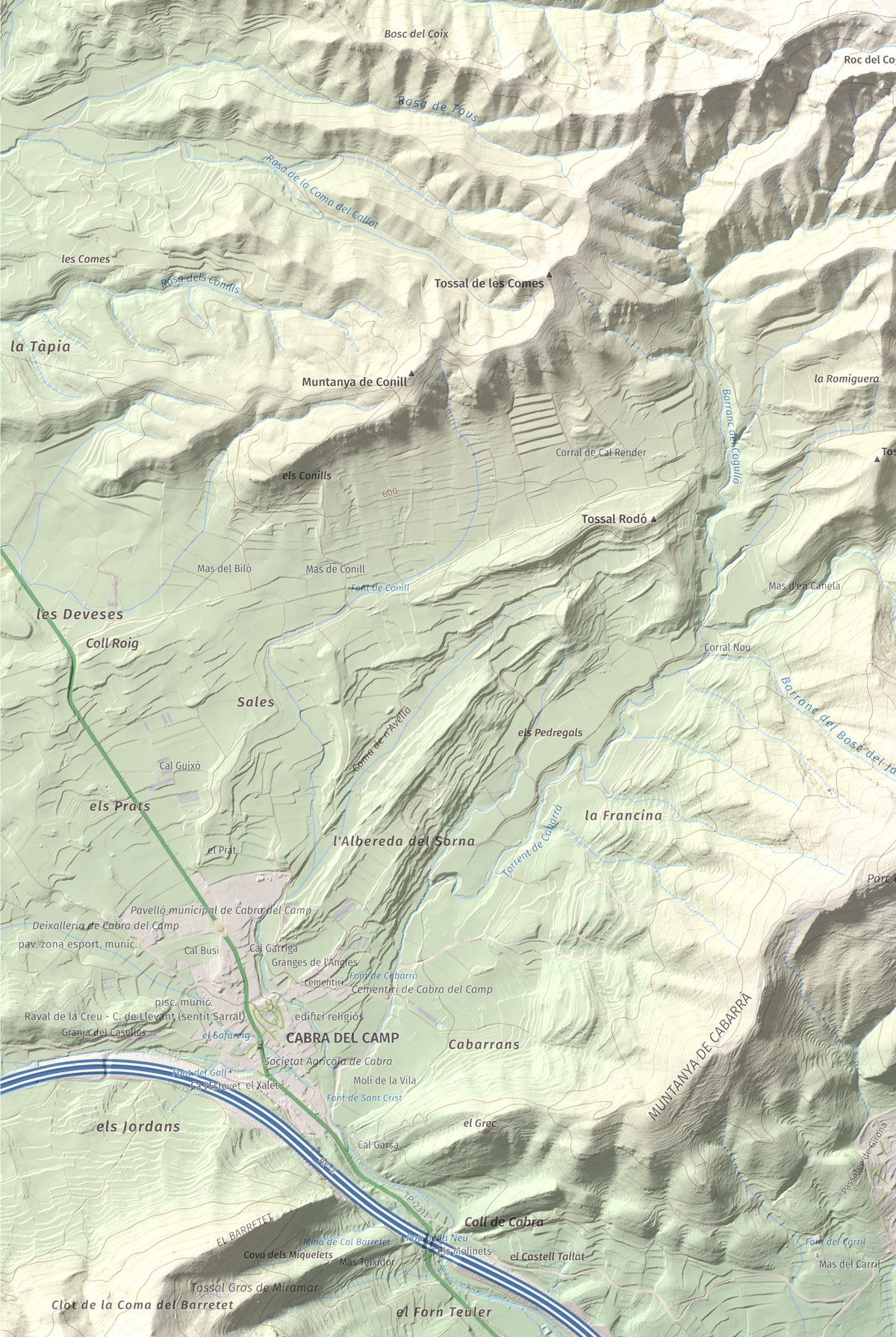 Mapa de relieve del Cogulló de Cabra, 881 m, Alt Camp, lámina 100 Cims de Trobart. Detalle de la zona inferior izquierda. 61 × 91 cm.