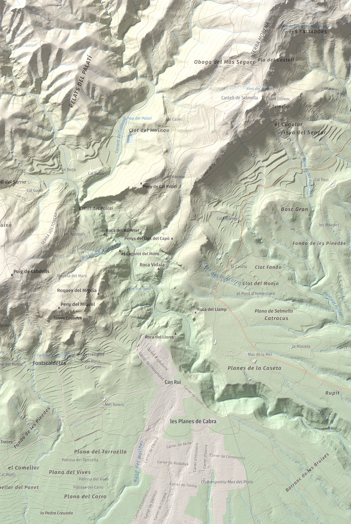 Mapa de relieve del Cogulló de Cabra, 881 m, Alt Camp, lámina 100 Cims de Trobart. Detalle de la zona inferior derecha. 61 × 91 cm.