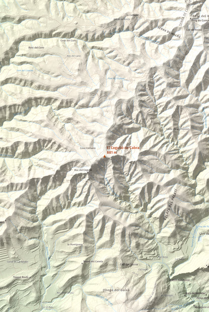Mapa de relieve del Cogulló de Cabra, 881 m, Alt Camp, lámina 100 Cims de Trobart. Detalle de la zona central. 61 × 91 cm.