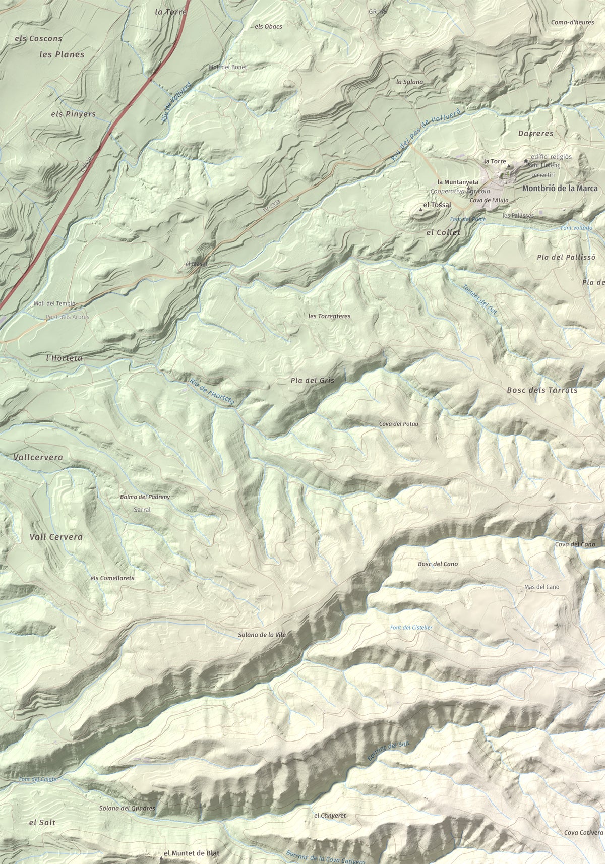 Mapa de relieve del Cogulló de Cabra, 881 m, Alt Camp, lámina 100 Cims de Trobart. Detalle de la zona superior izquierda. 70 × 100 cm.