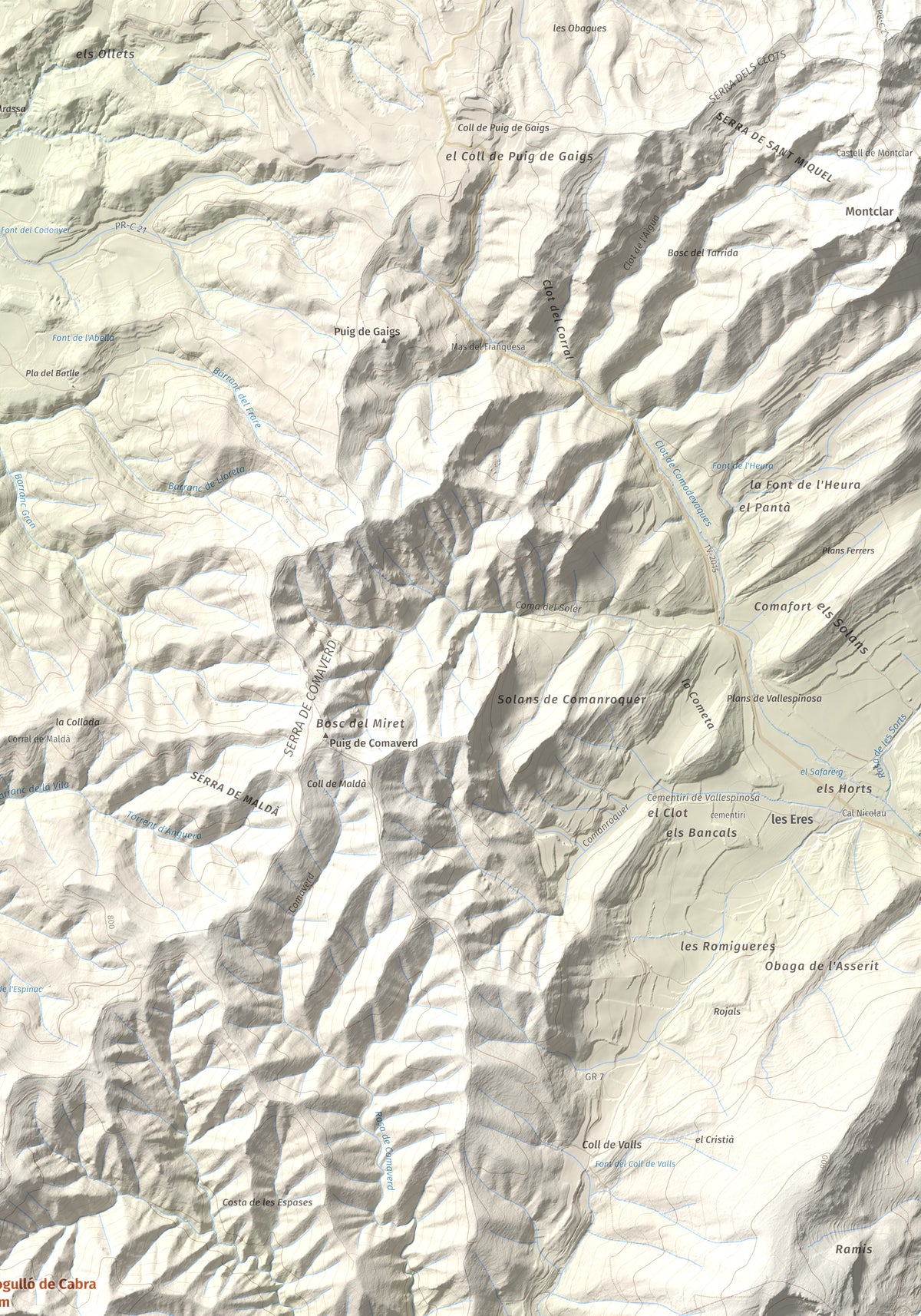 Mapa de relieve del Cogulló de Cabra, 881 m, Alt Camp, lámina 100 Cims de Trobart. Detalle de la zona superior derecha. 70 × 100 cm.
