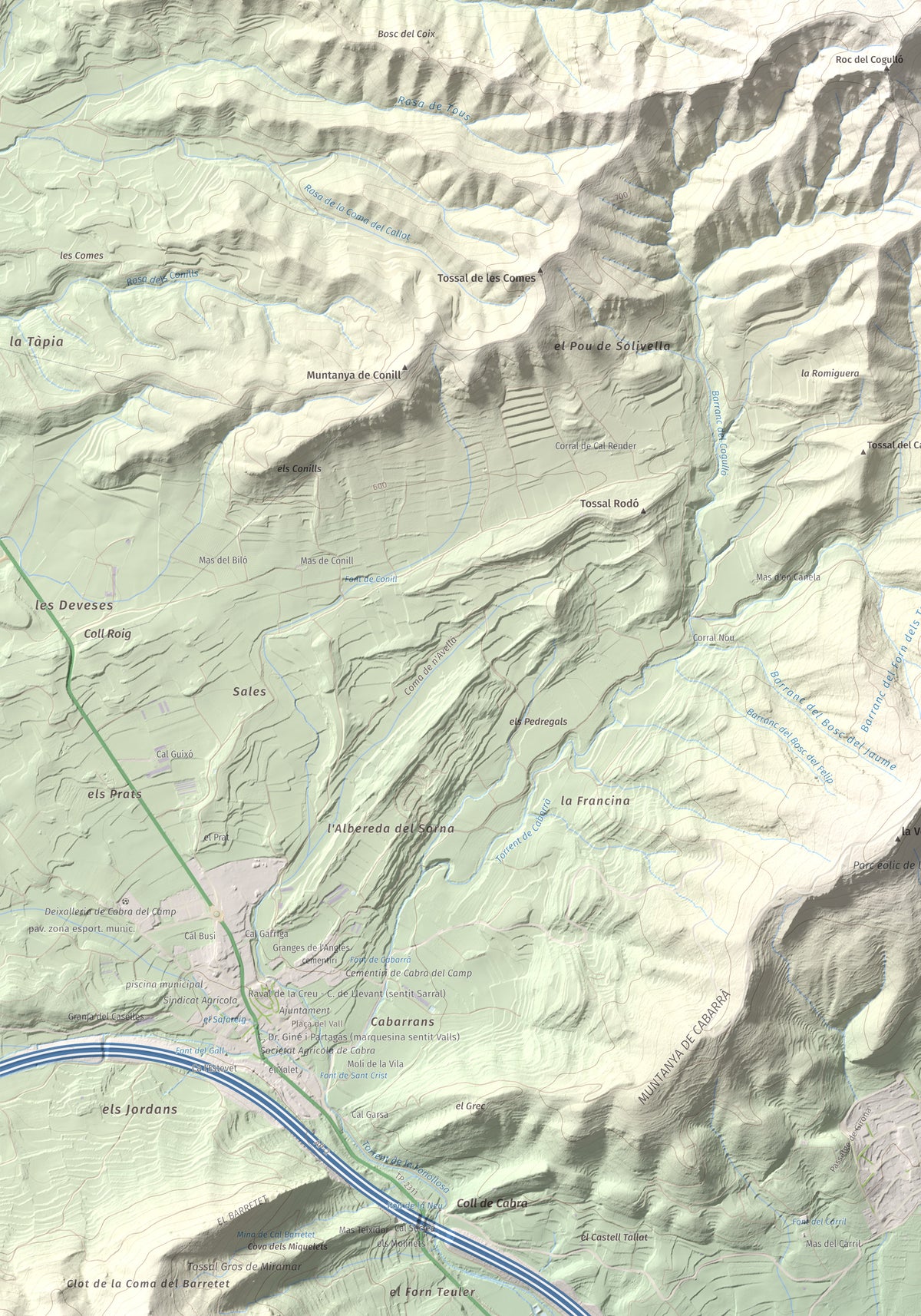 Mapa de relieve del Cogulló de Cabra, 881 m, Alt Camp, lámina 100 Cims de Trobart. Detalle de la zona inferior izquierda. 70 × 100 cm.