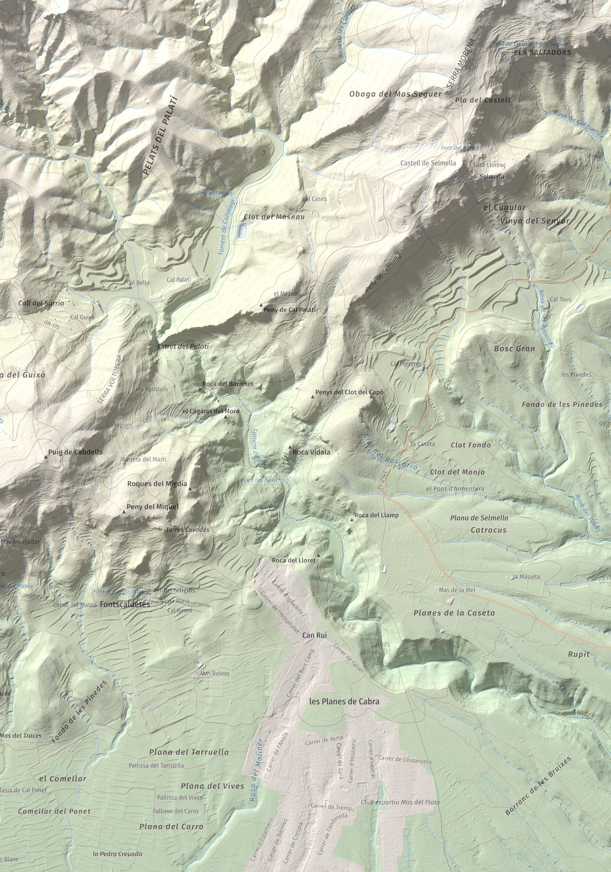 Mapa de relieve del Cogulló de Cabra, 881 m, Alt Camp, lámina 100 Cims de Trobart. Detalle de la zona inferior derecha. 70 × 100 cm.