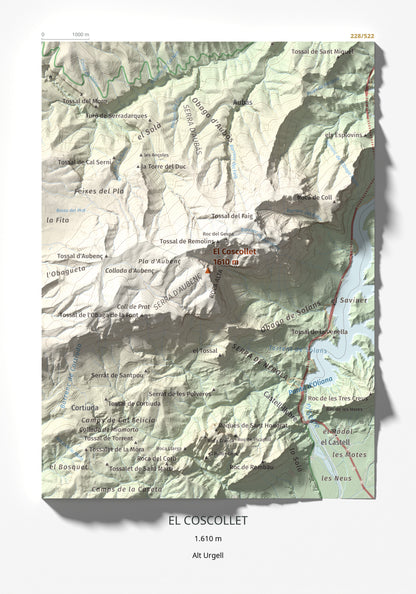 Mapa de relieve del Coscollet, 1610 m, Alt Urgell, lámina 100 Cims de Trobart 21 × 30 cm.