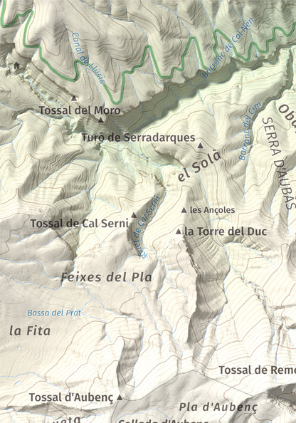 Mapa de relieve del Coscollet, 1610 m, Alt Urgell, lámina 100 Cims de Trobart. Detalle de la zona superior izquierda. 21 × 30 cm.