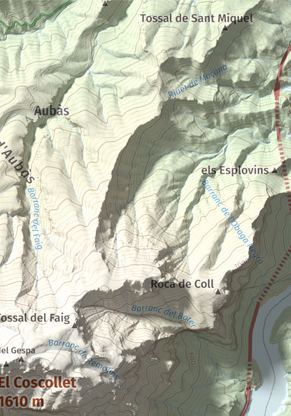 Mapa de relieve del Coscollet, 1610 m, Alt Urgell, lámina 100 Cims de Trobart. Detalle de la zona superior derecha. 21 × 30 cm.