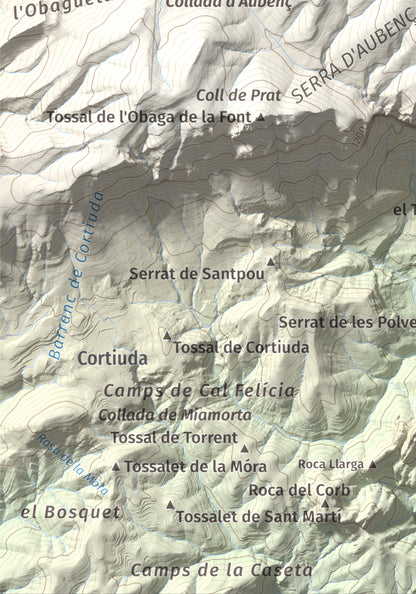 Mapa de relieve del Coscollet, 1610 m, Alt Urgell, lámina 100 Cims de Trobart. Detalle de la zona inferior izquierda. 21 × 30 cm.