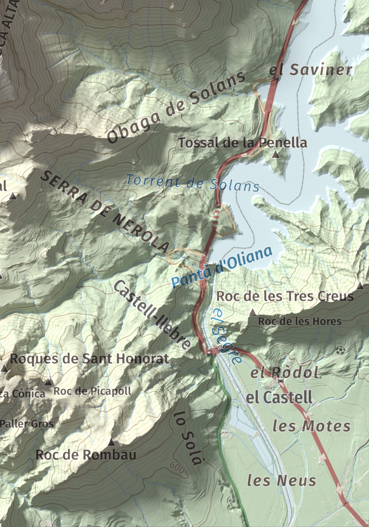 Mapa de relieve del Coscollet, 1610 m, Alt Urgell, lámina 100 Cims de Trobart. Detalle de la zona inferior derecha. 21 × 30 cm.