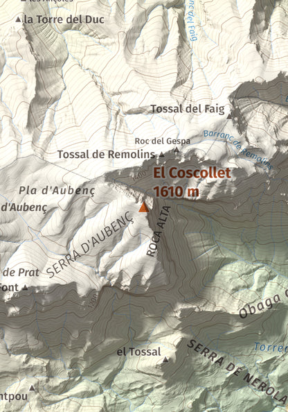 Mapa de relieve del Coscollet, 1610 m, Alt Urgell, lámina 100 Cims de Trobart. Detalle de la zona central. 21 × 30 cm.