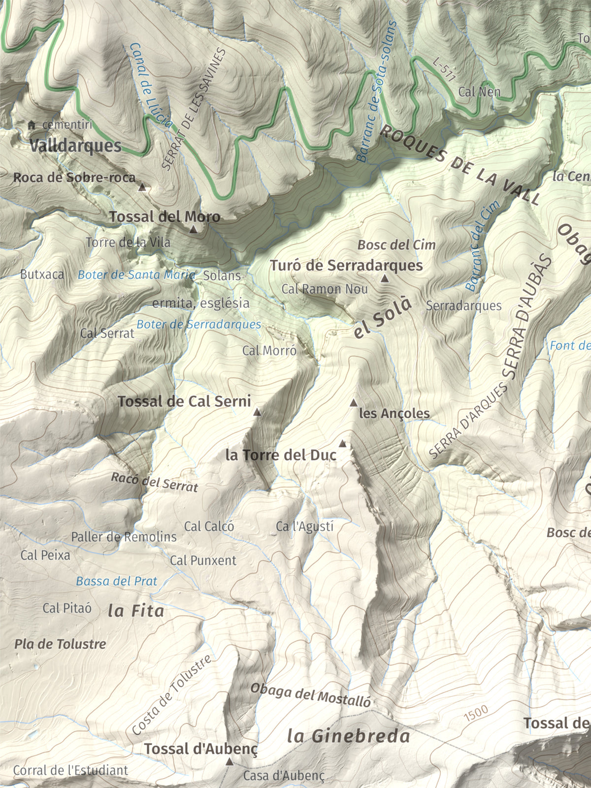Mapa de relieve del Coscollet, 1610 m, Alt Urgell, lámina 100 Cims de Trobart. Detalle de la zona superior izquierda. 30 × 40 cm.