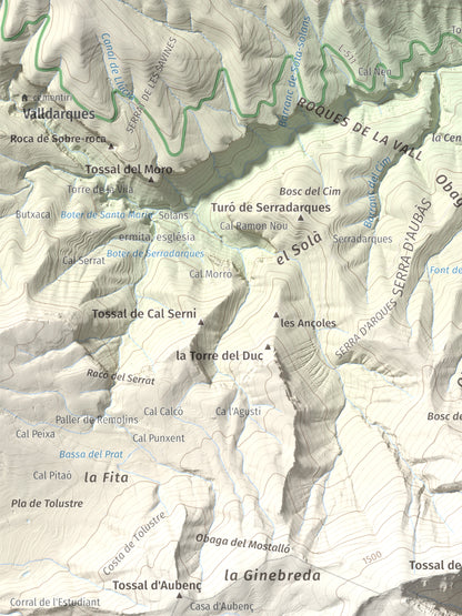 Mapa de relieve del Coscollet, 1610 m, Alt Urgell, lámina 100 Cims de Trobart. Detalle de la zona superior izquierda. 30 × 40 cm.