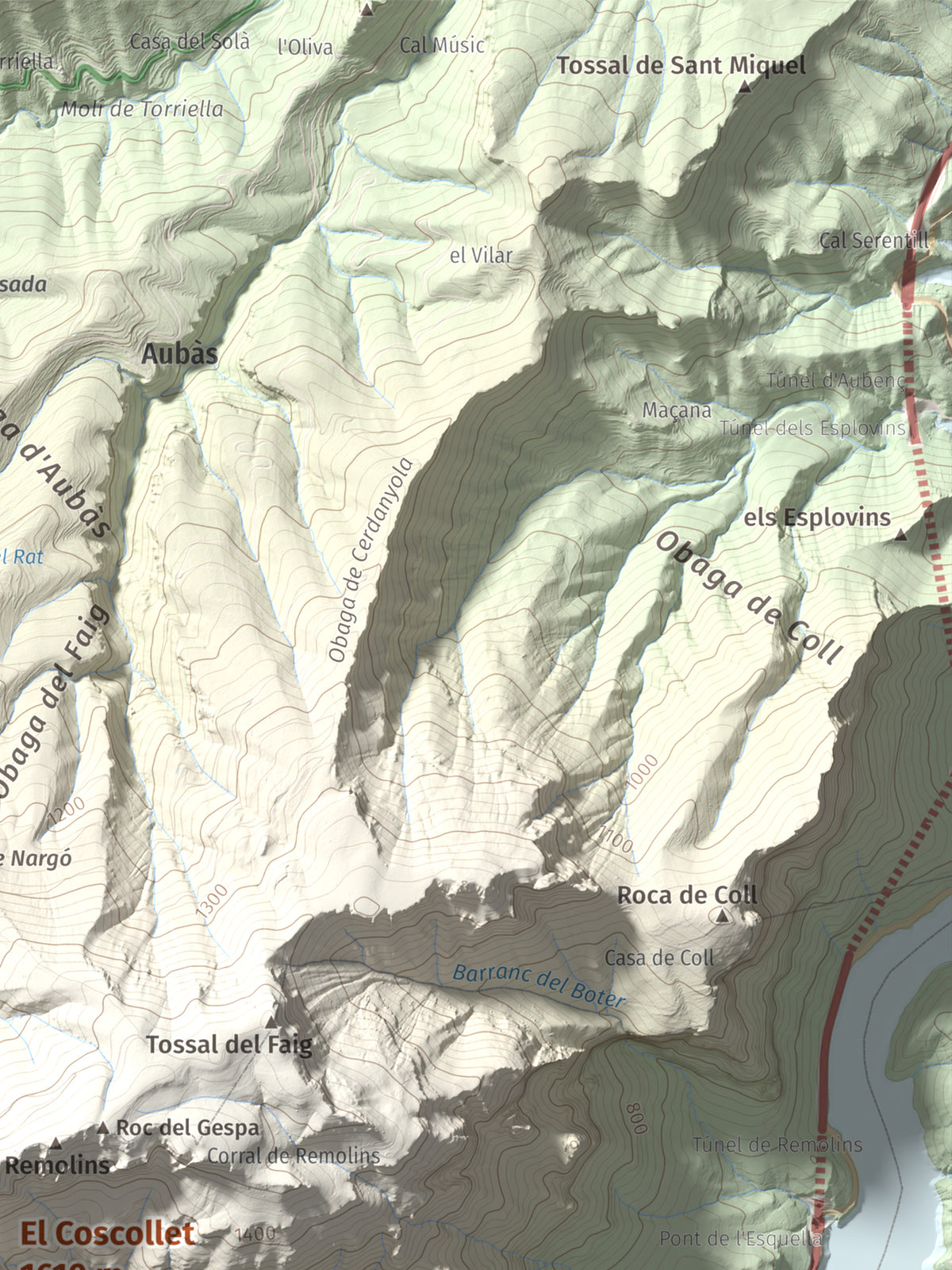 Mapa de relieve del Coscollet, 1610 m, Alt Urgell, lámina 100 Cims de Trobart. Detalle de la zona superior derecha. 30 × 40 cm.