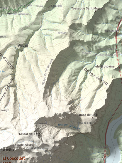 Mapa de relieve del Coscollet, 1610 m, Alt Urgell, lámina 100 Cims de Trobart. Detalle de la zona superior derecha. 30 × 40 cm.