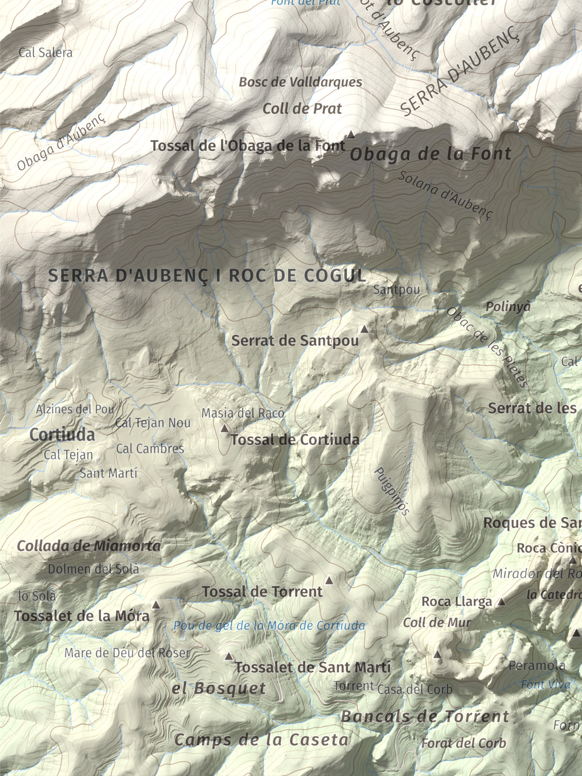 Mapa de relieve del Coscollet, 1610 m, Alt Urgell, lámina 100 Cims de Trobart. Detalle de la zona inferior izquierda. 30 × 40 cm.