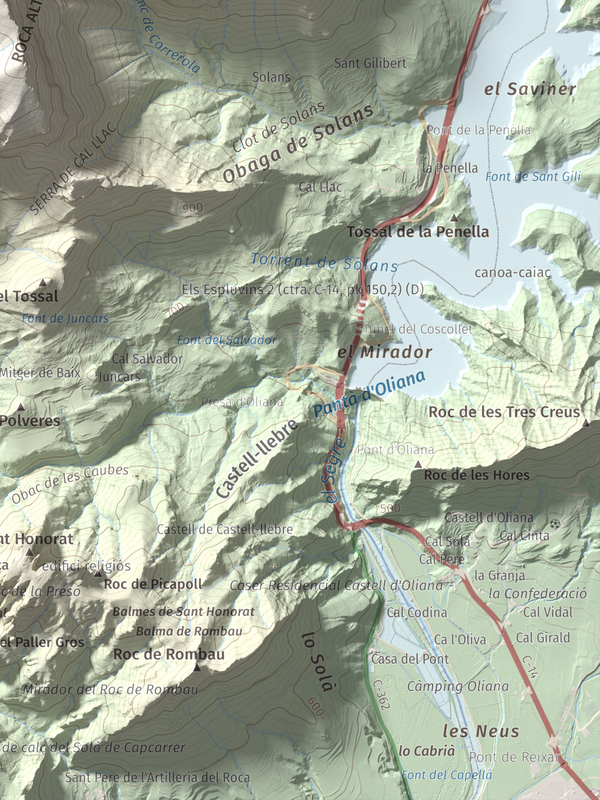 Mapa de relieve del Coscollet, 1610 m, Alt Urgell, lámina 100 Cims de Trobart. Detalle de la zona inferior derecha. 30 × 40 cm.