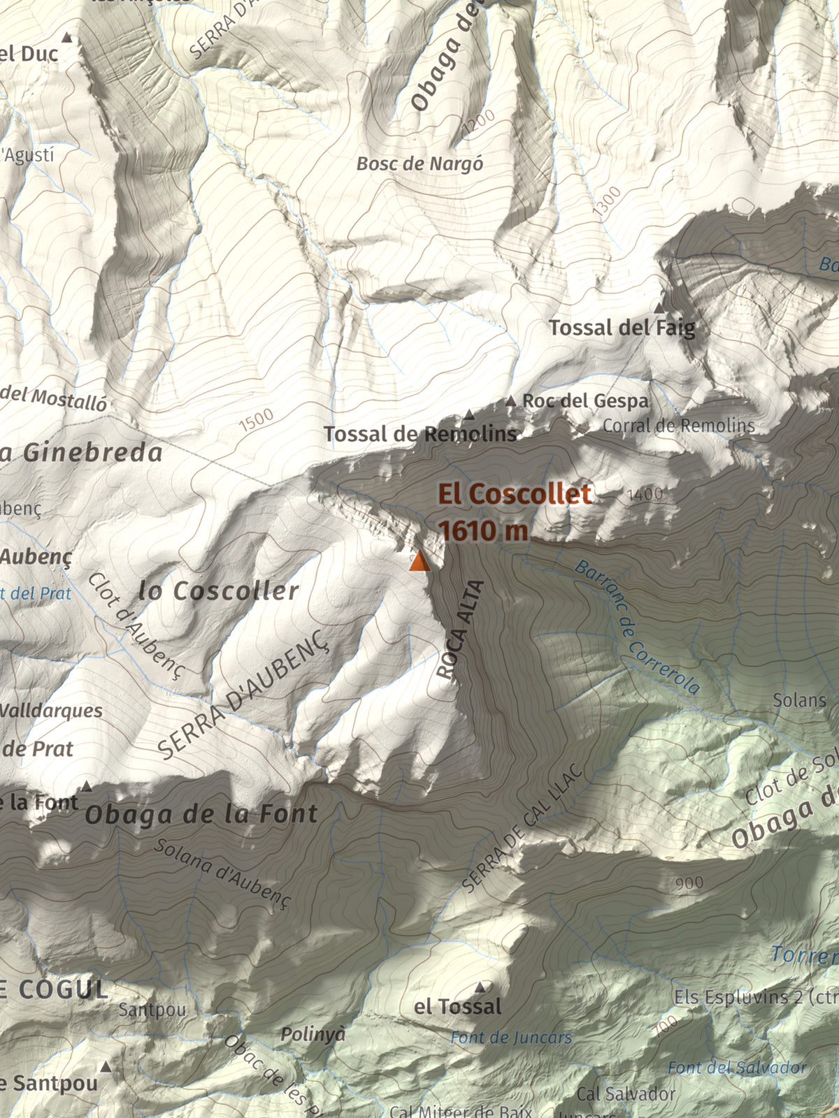 Mapa de relieve del Coscollet, 1610 m, Alt Urgell, lámina 100 Cims de Trobart. Detalle de la zona central. 30 × 40 cm.