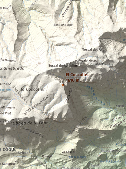 Mapa de relieve del Coscollet, 1610 m, Alt Urgell, lámina 100 Cims de Trobart. Detalle de la zona central. 30 × 40 cm.
