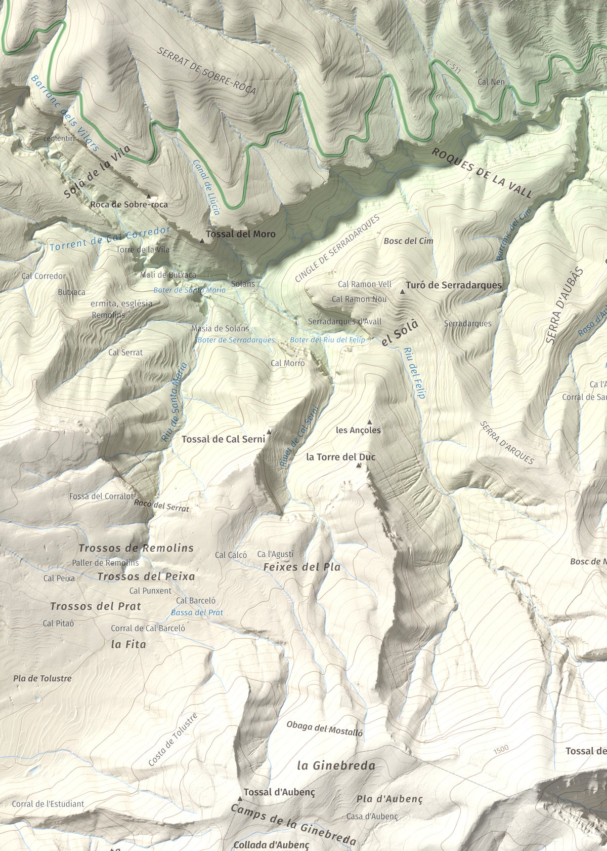 Mapa de relieve del Coscollet, 1610 m, Alt Urgell, lámina 100 Cims de Trobart. Detalle de la zona superior izquierda. 50 × 70 cm.