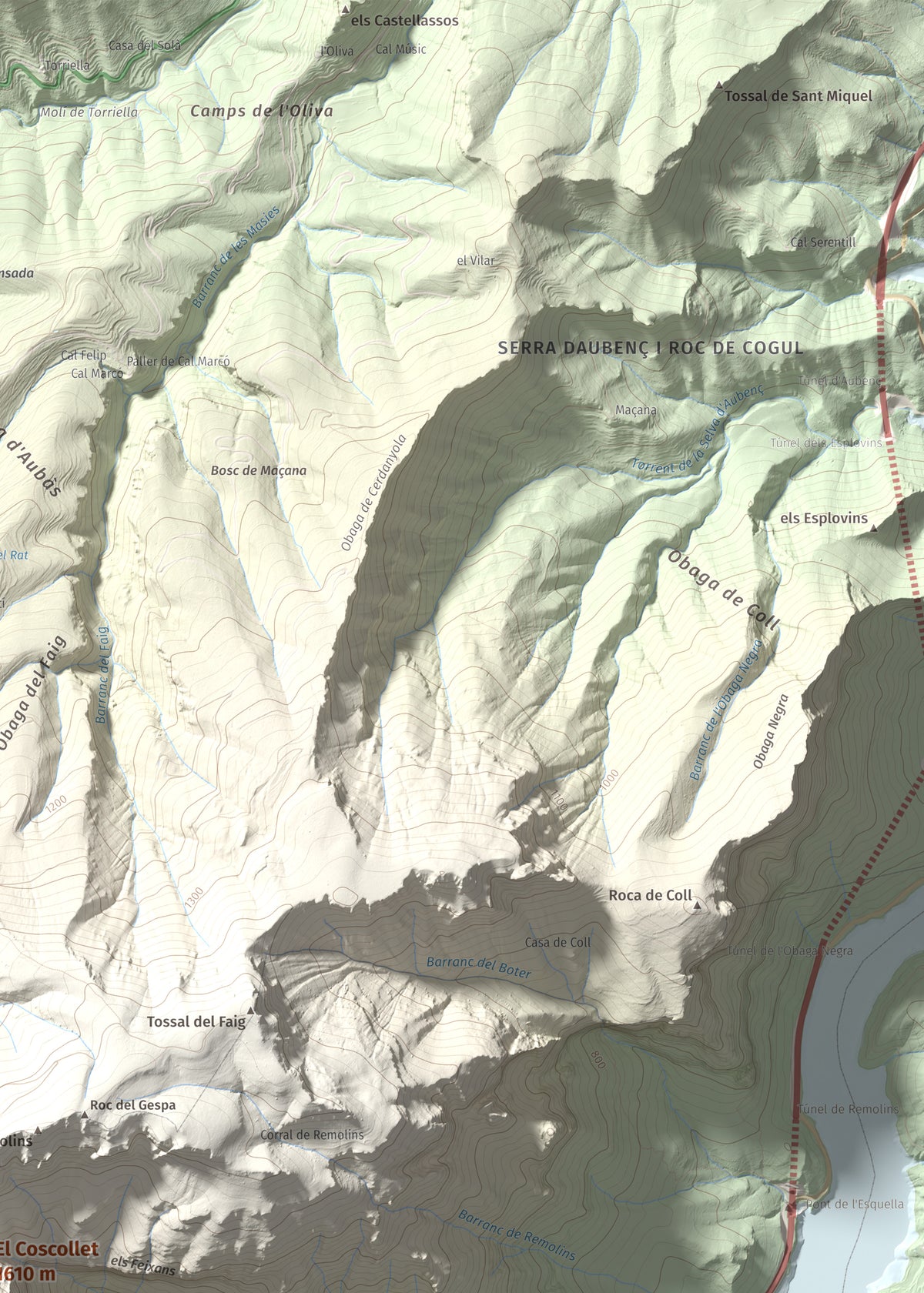 Mapa de relieve del Coscollet, 1610 m, Alt Urgell, lámina 100 Cims de Trobart. Detalle de la zona superior derecha. 50 × 70 cm.
