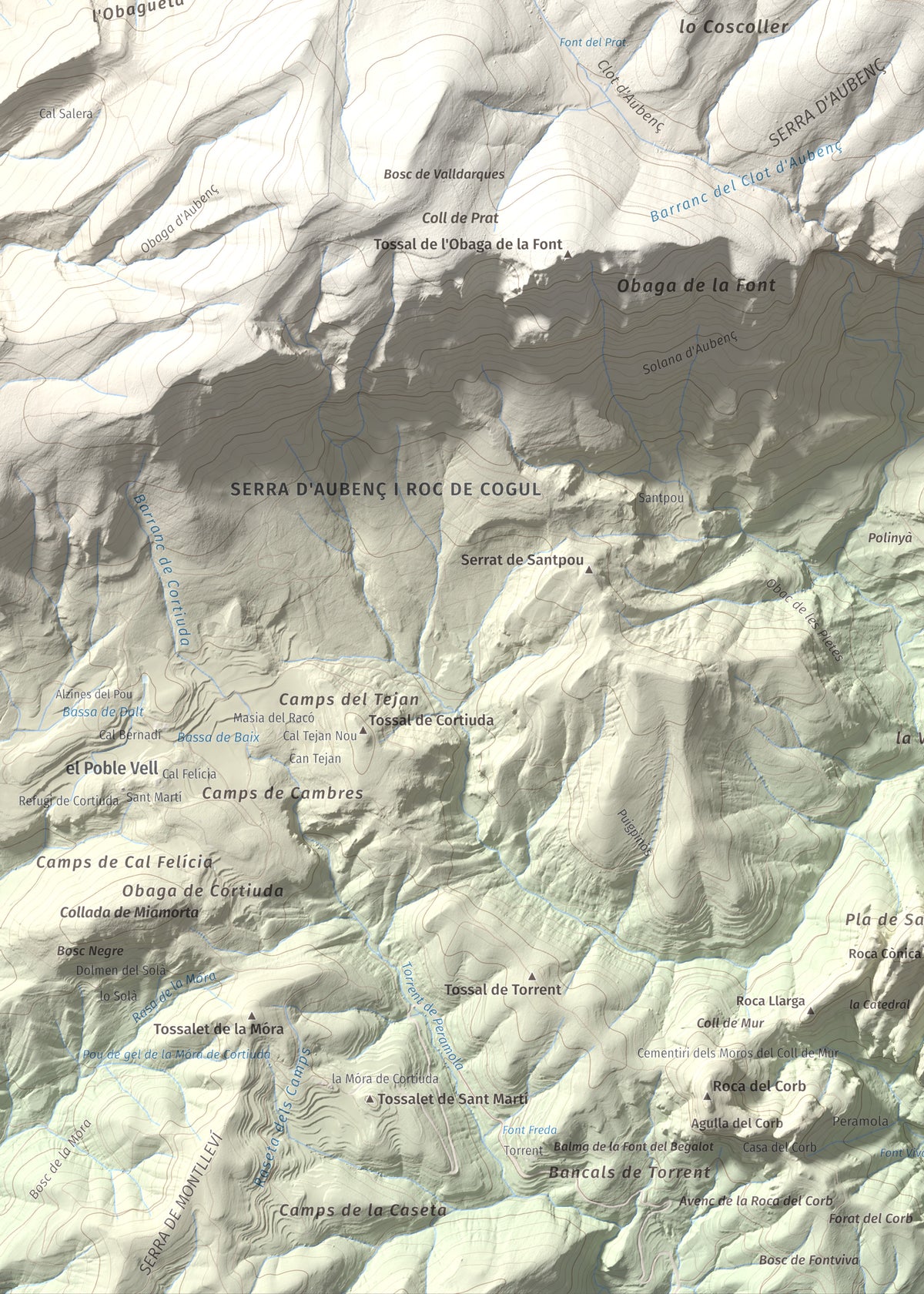 Mapa de relieve del Coscollet, 1610 m, Alt Urgell, lámina 100 Cims de Trobart. Detalle de la zona inferior izquierda. 50 × 70 cm.