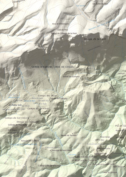Mapa de relieve del Coscollet, 1610 m, Alt Urgell, lámina 100 Cims de Trobart. Detalle de la zona inferior izquierda. 50 × 70 cm.