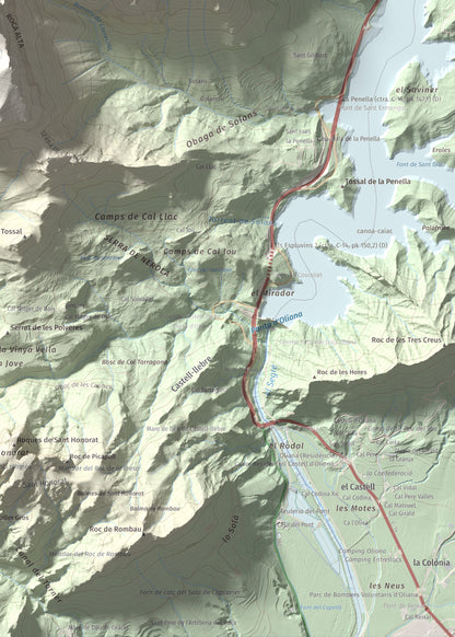 Mapa de relieve del Coscollet, 1610 m, Alt Urgell, lámina 100 Cims de Trobart. Detalle de la zona inferior derecha. 50 × 70 cm.