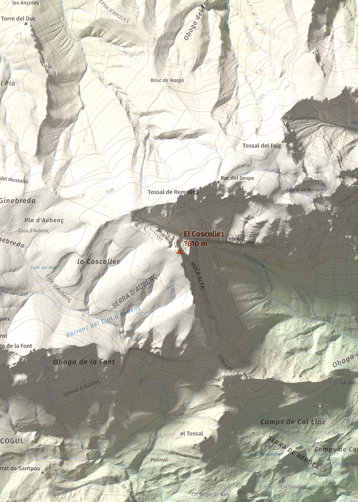 Mapa de relieve del Coscollet, 1610 m, Alt Urgell, lámina 100 Cims de Trobart. Detalle de la zona central. 50 × 70 cm.