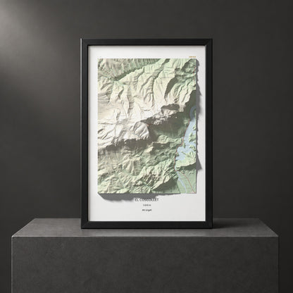 Mapa de relieve del Coscollet, 1610 m, Alt Urgell, lámina 100 Cims de Trobart. Presentación enmarcada. 61 × 91 cm.