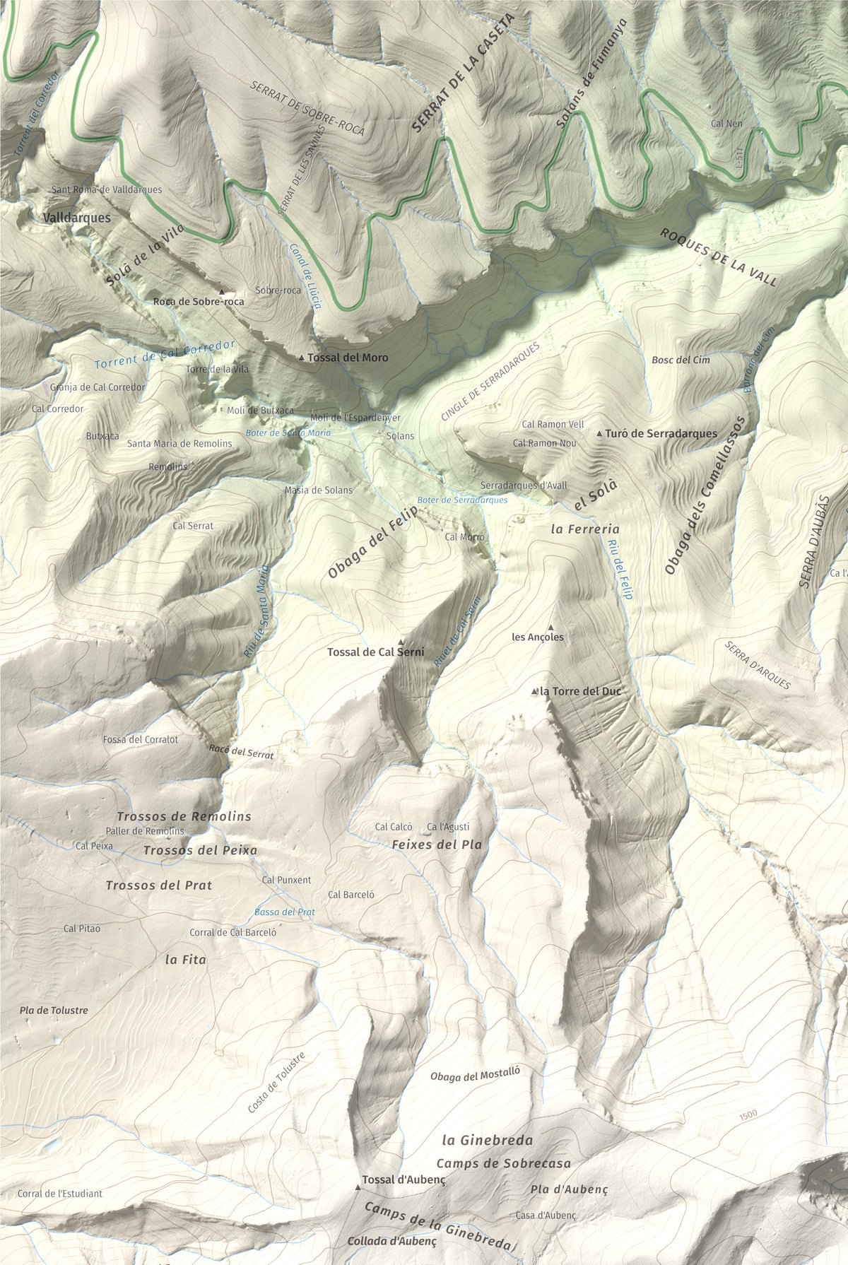 Mapa de relieve del Coscollet, 1610 m, Alt Urgell, lámina 100 Cims de Trobart. Detalle de la zona superior izquierda. 61 × 91 cm.