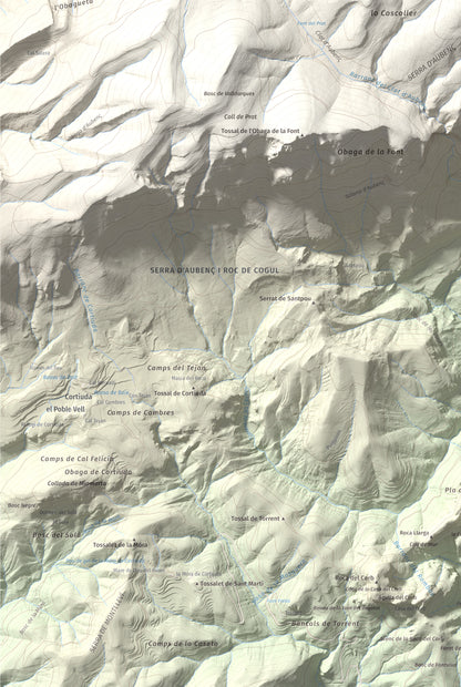 Mapa de relieve del Coscollet, 1610 m, Alt Urgell, lámina 100 Cims de Trobart. Detalle de la zona inferior izquierda. 61 × 91 cm.