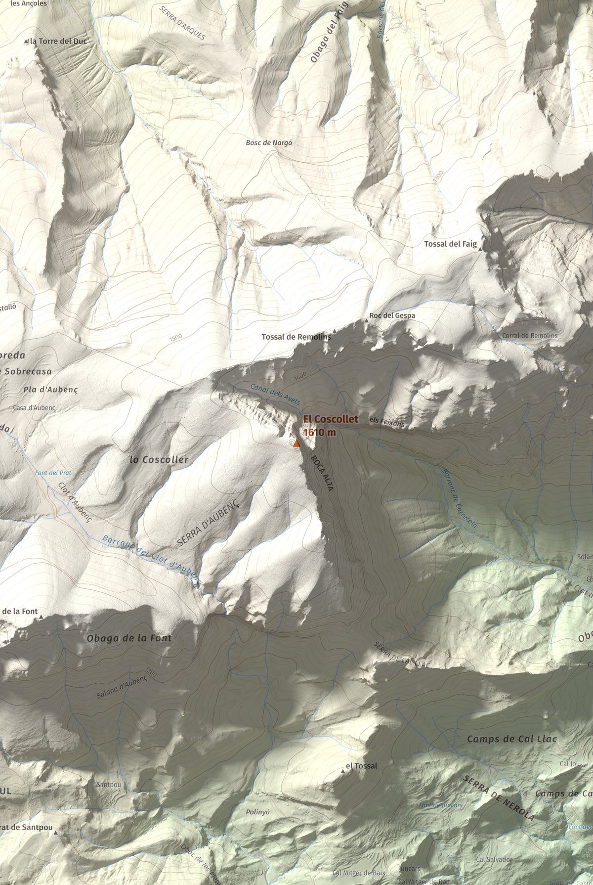 Mapa de relieve del Coscollet, 1610 m, Alt Urgell, lámina 100 Cims de Trobart. Detalle de la zona central. 61 × 91 cm.