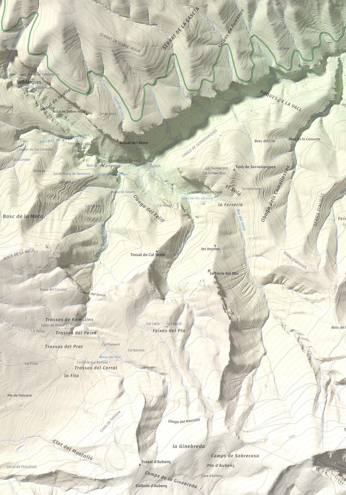 Mapa de relieve del Coscollet, 1610 m, Alt Urgell, lámina 100 Cims de Trobart. Detalle de la zona superior izquierda. 70 × 100 cm.
